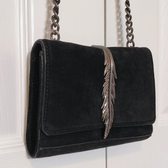 Faux Suede Crossbody Purse with Metal Feather Accent - Picture 2 of 6
